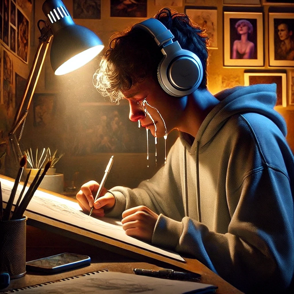 drawing with headphones on head crying meme